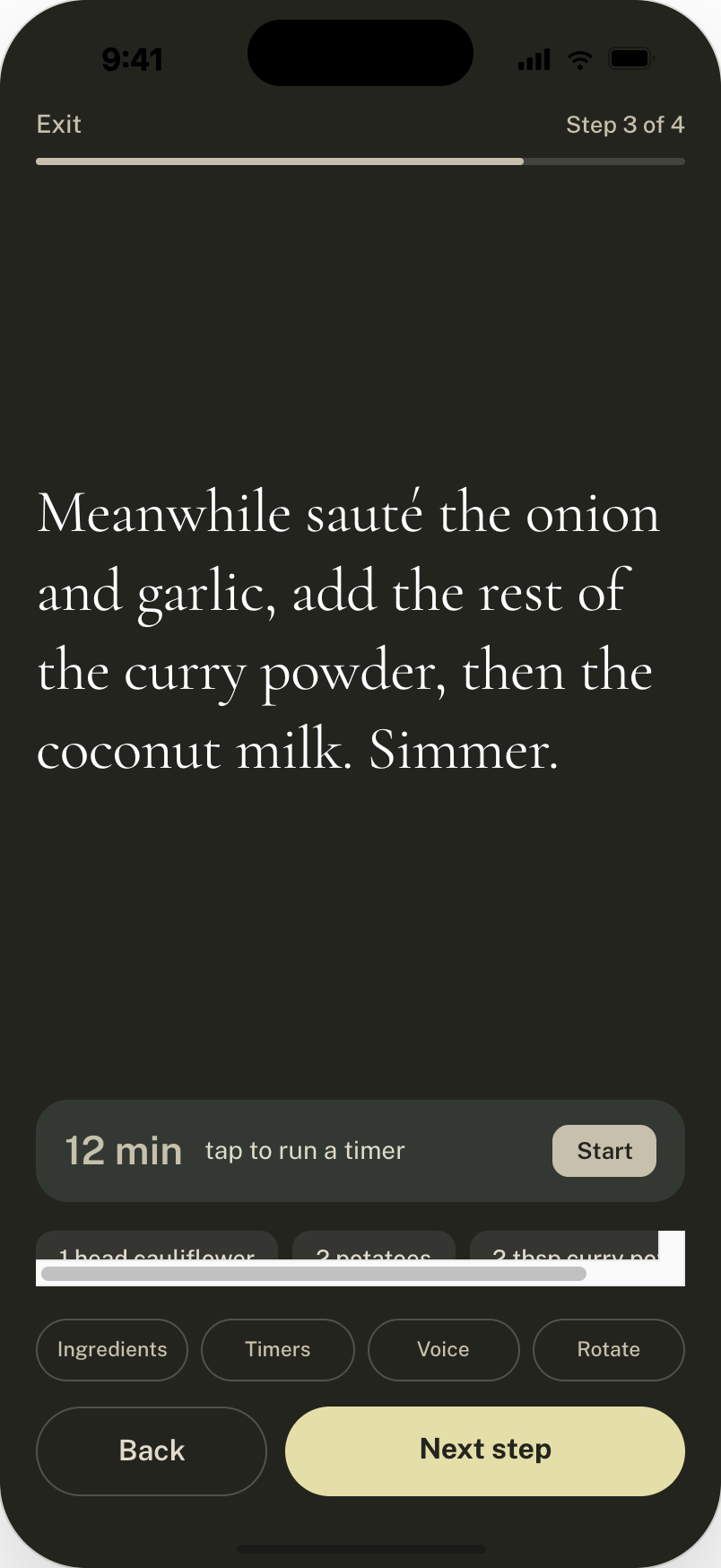RecipeRx cook mode screen