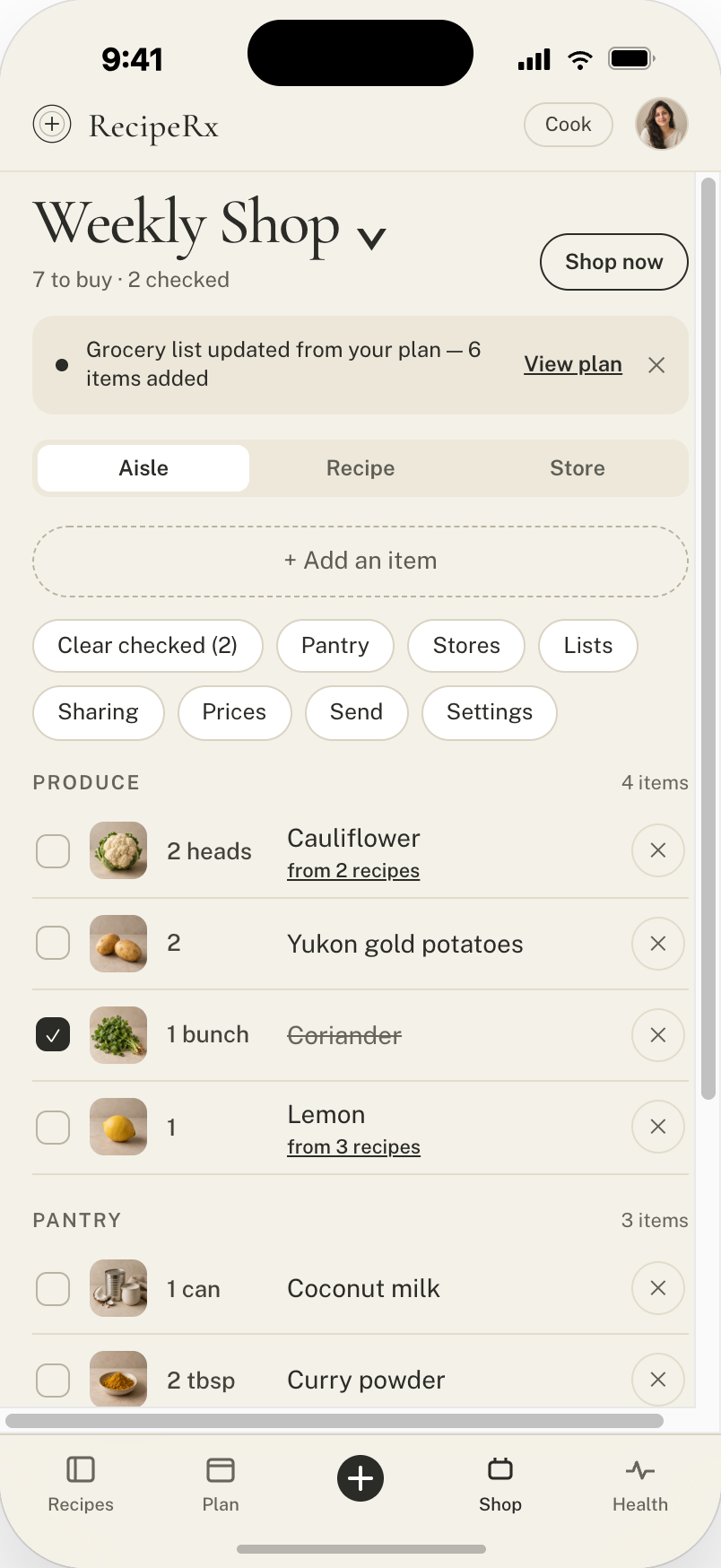 RecipeRx grocery list screen