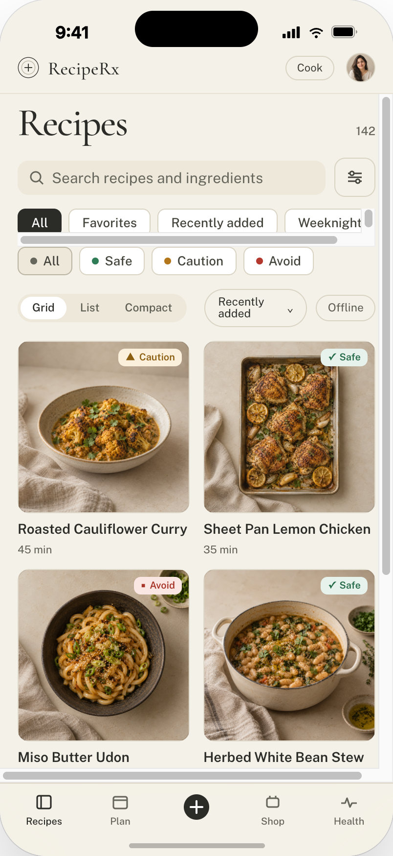 RecipeRx recipe library screen
