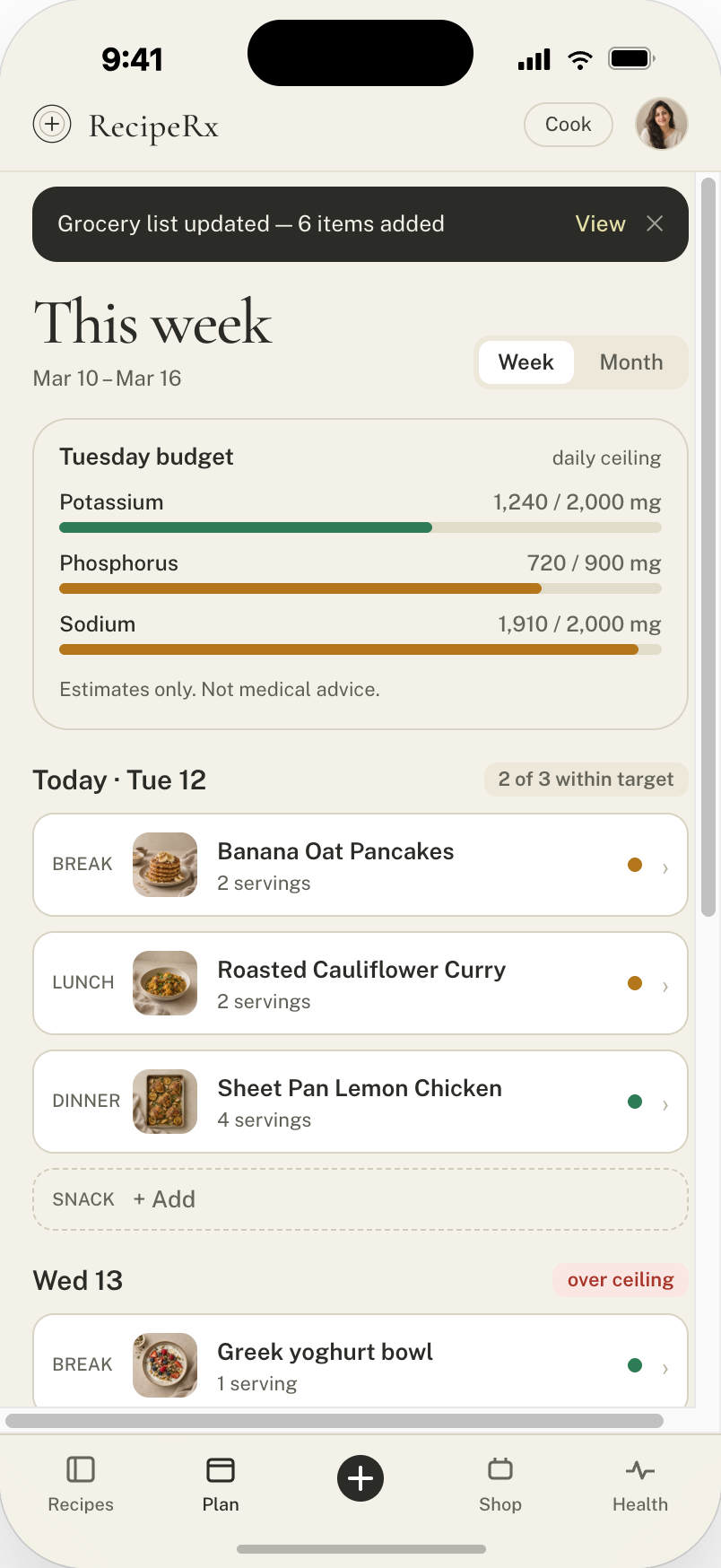 RecipeRx weekly meal plan screen